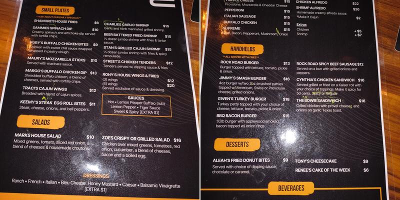 Rock road bar and grill Menu