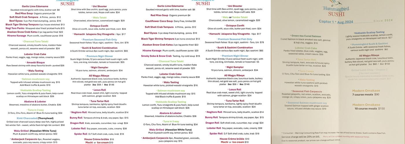 Hummingbird Sushi Menu
