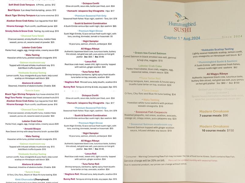 Hummingbird Sushi Menu