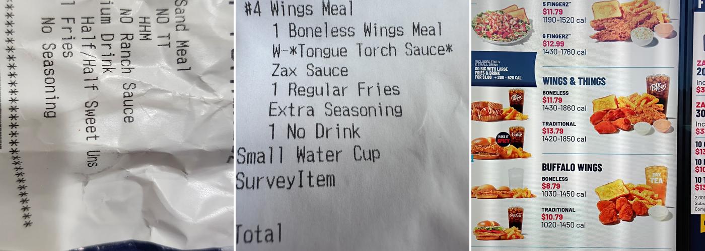 Zaxbys Chicken Fingers & Buffalo Wings Menu