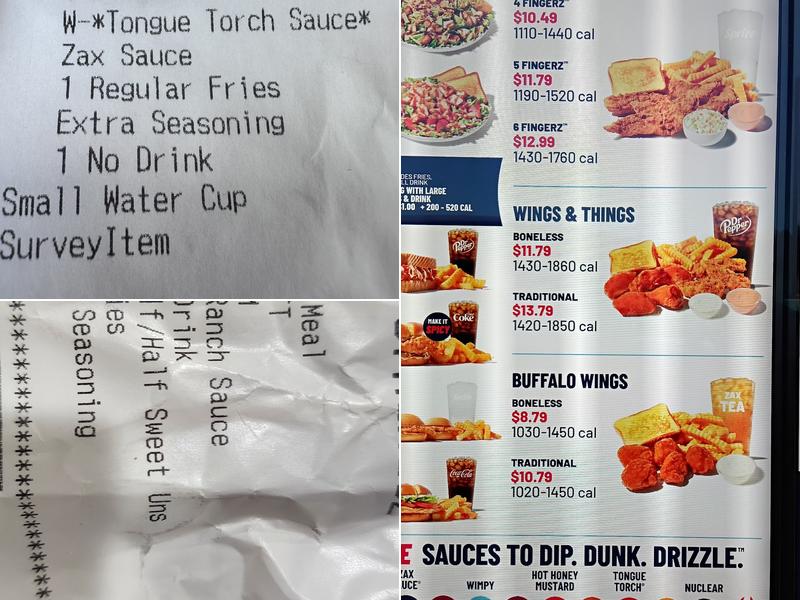 Zaxbys Chicken Fingers & Buffalo Wings Menu
