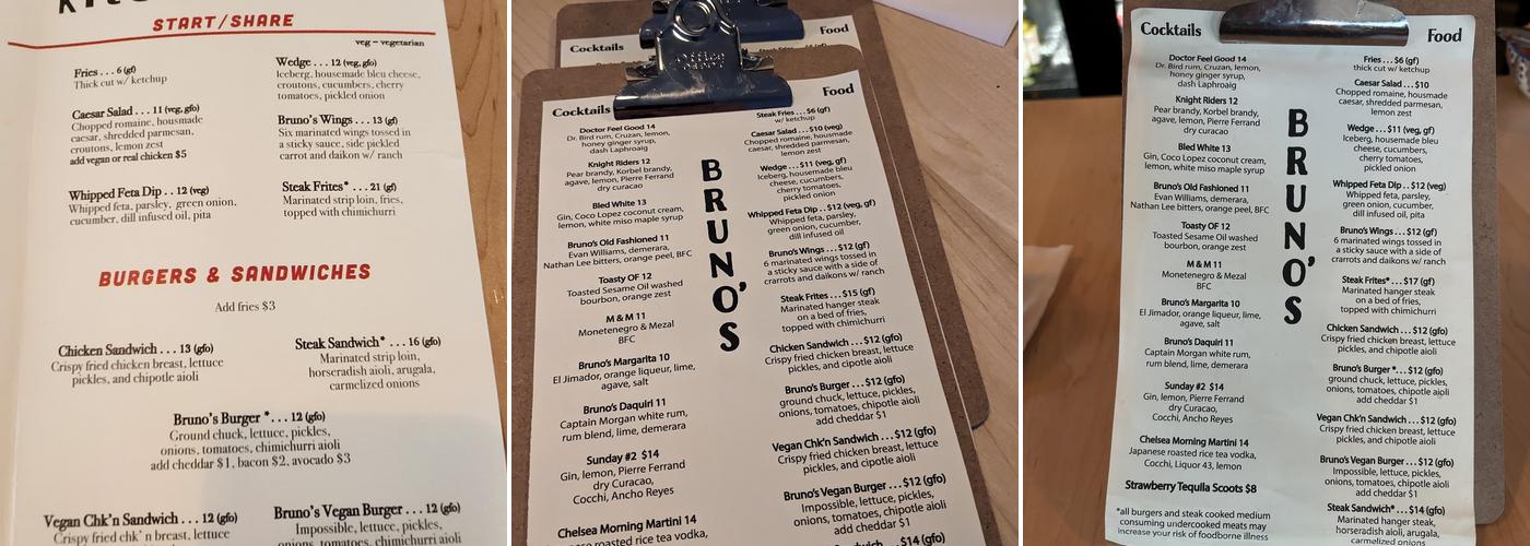 Bruno's Menu