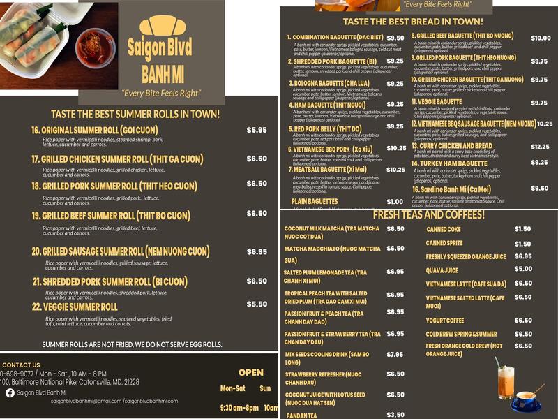 Saigon Blvd Bánh Mì Menu