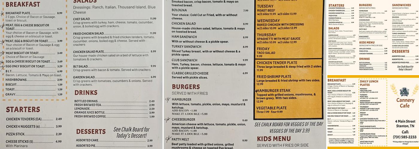 The Cannery Cafè Menu