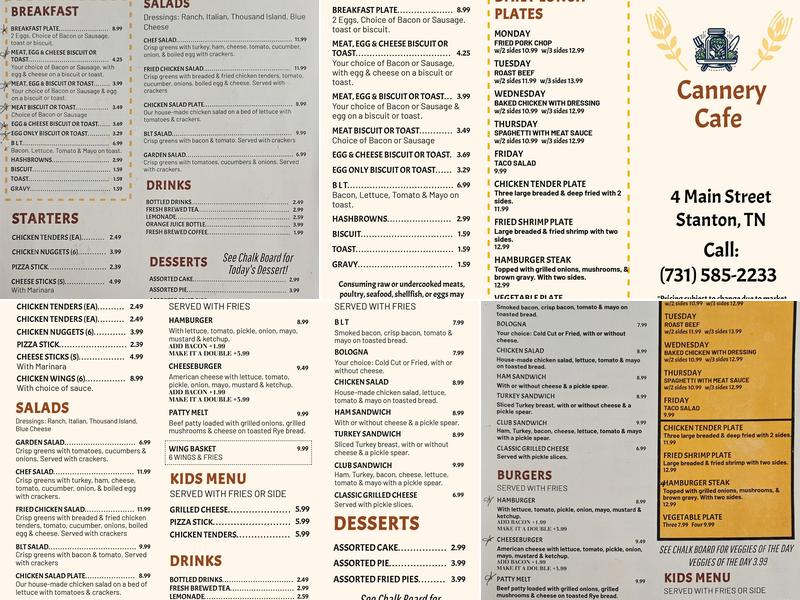 The Cannery Cafè Menu