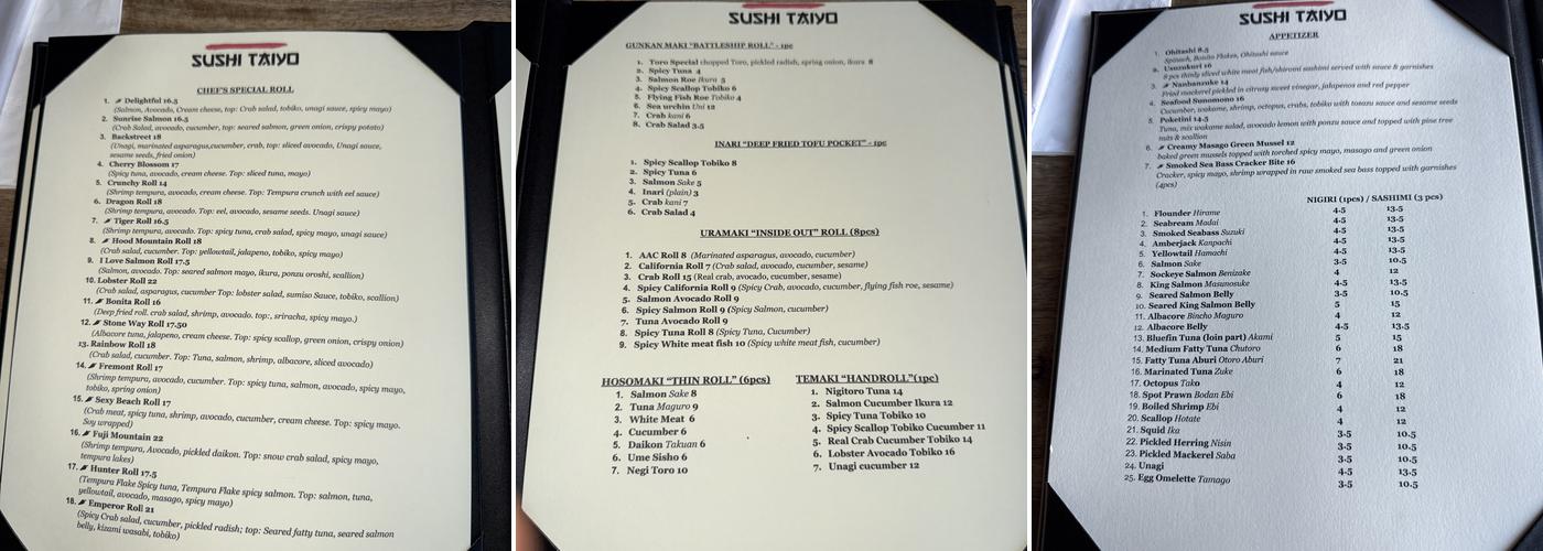 Sushi Taiyo Menu