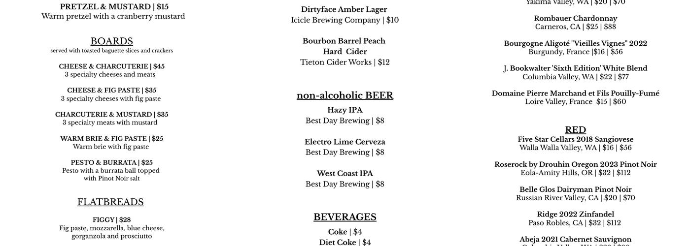 Valentinas Wine Bar Menu