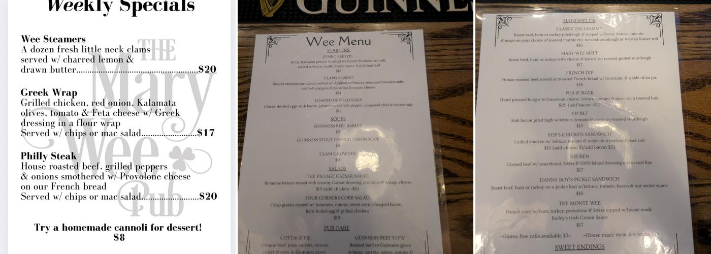 The Mary Wee Pub Menu