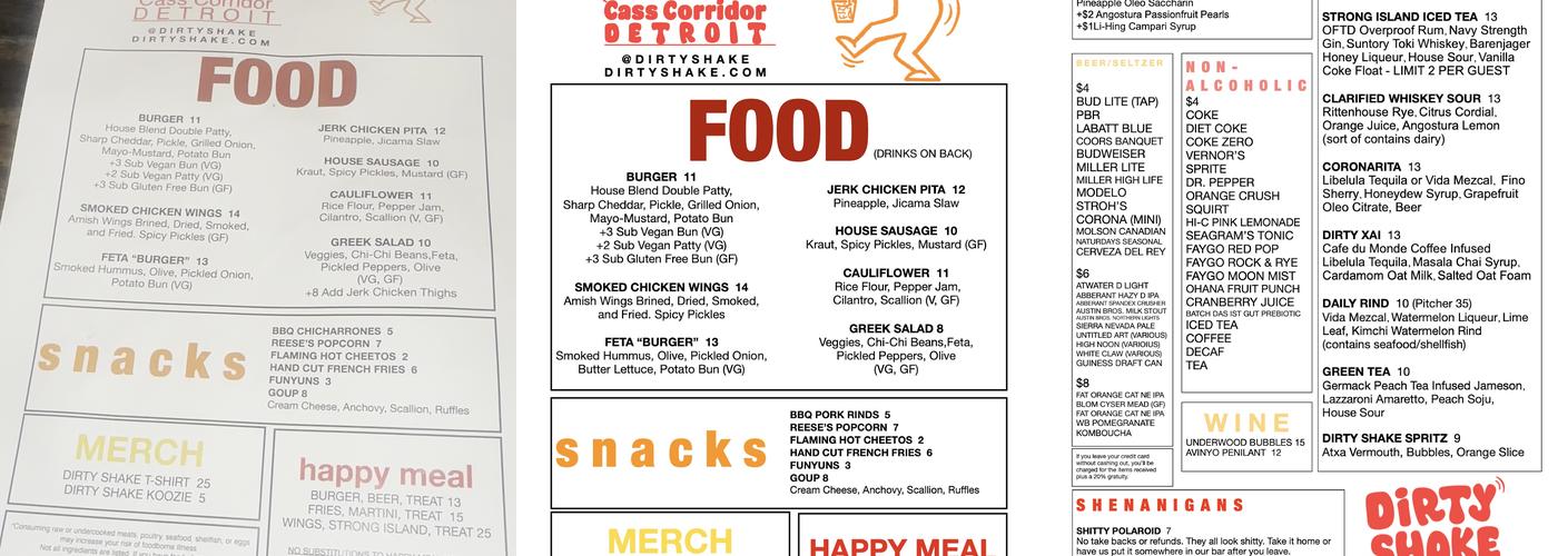 Dirty Shake Menu