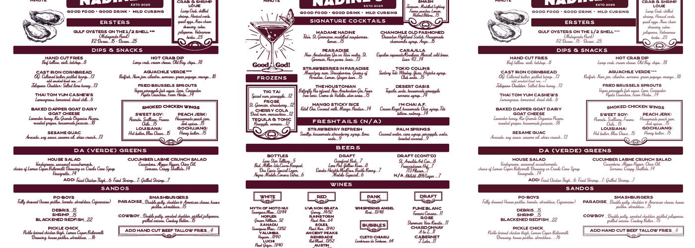 Good God, Nadine's Menu