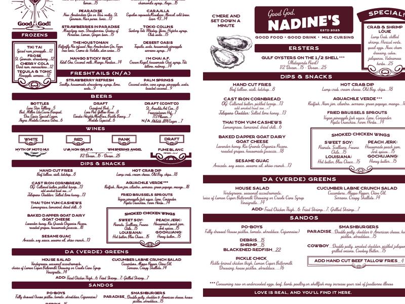 Good God, Nadine's Menu