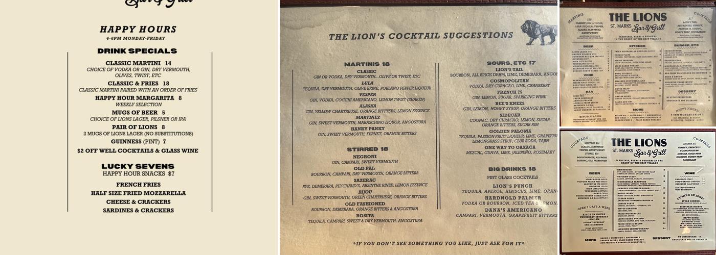 The Lions Bar & Grill Menu