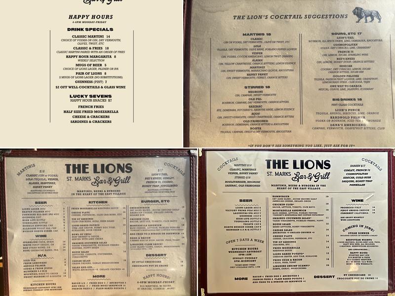 The Lions Bar & Grill Menu