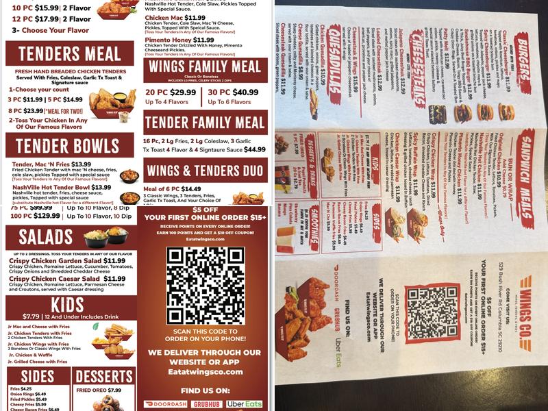 Wings Co. Menu