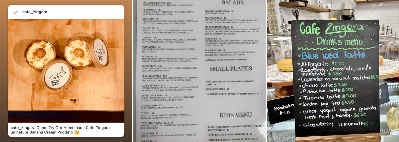 Cafe Zingara Menu
