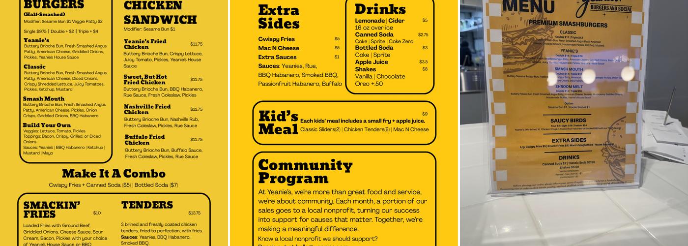 Yeanie's Burgers and Social Menu