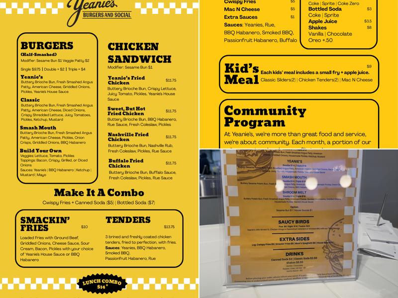 Yeanie's Burgers and Social Menu