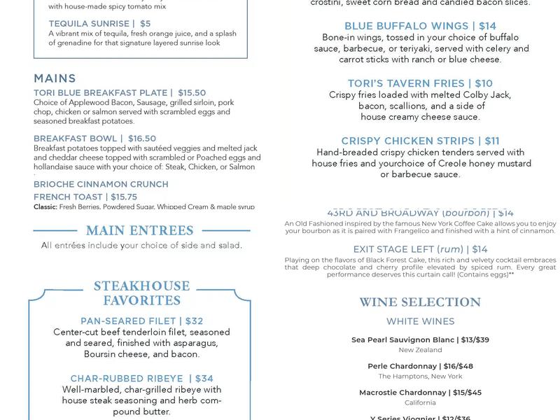 Tori Blue Menu