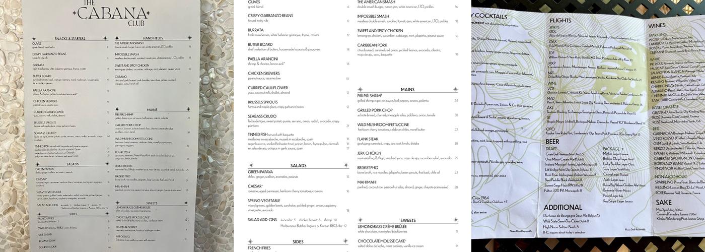 The Cabana Club Menu
