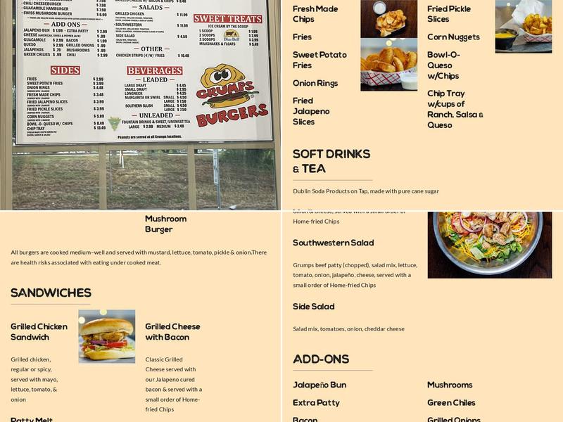 Grumps Burgers Glen Rose Menu