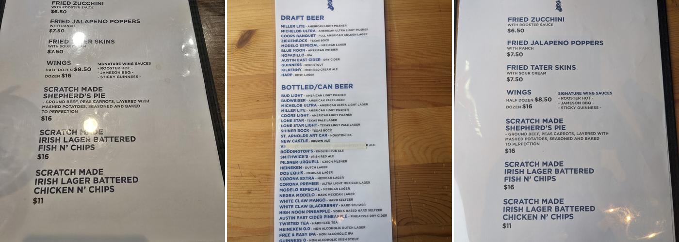 The Blue Rooster Irish Pub and Grill Menu