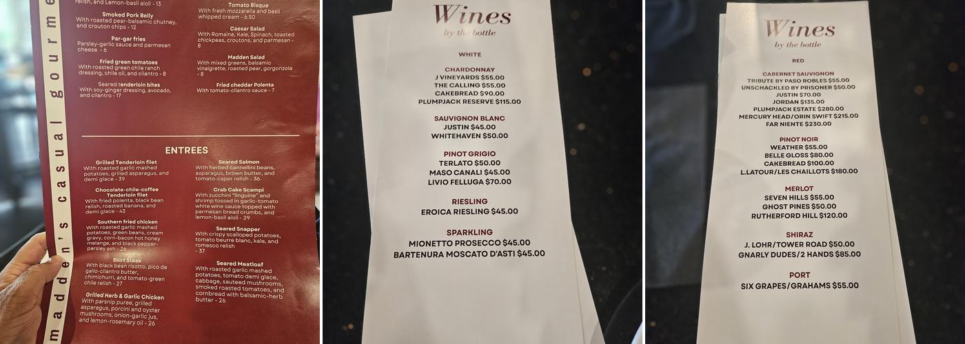 Madden's Casual Gourmet Menu