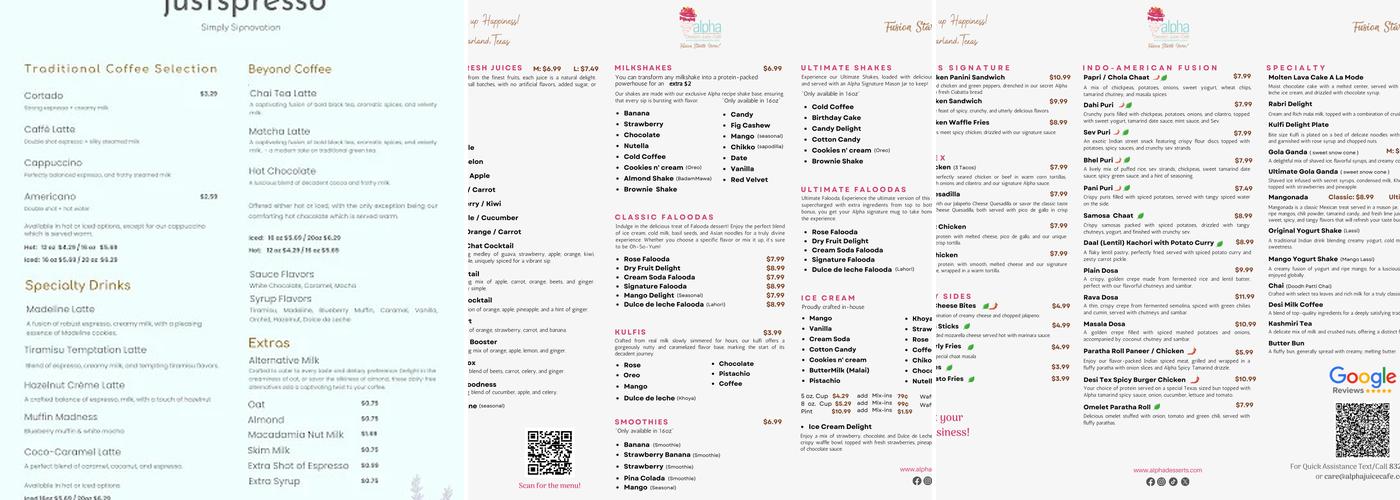 Alpha Dessert Juice Cafe Pearland Menu