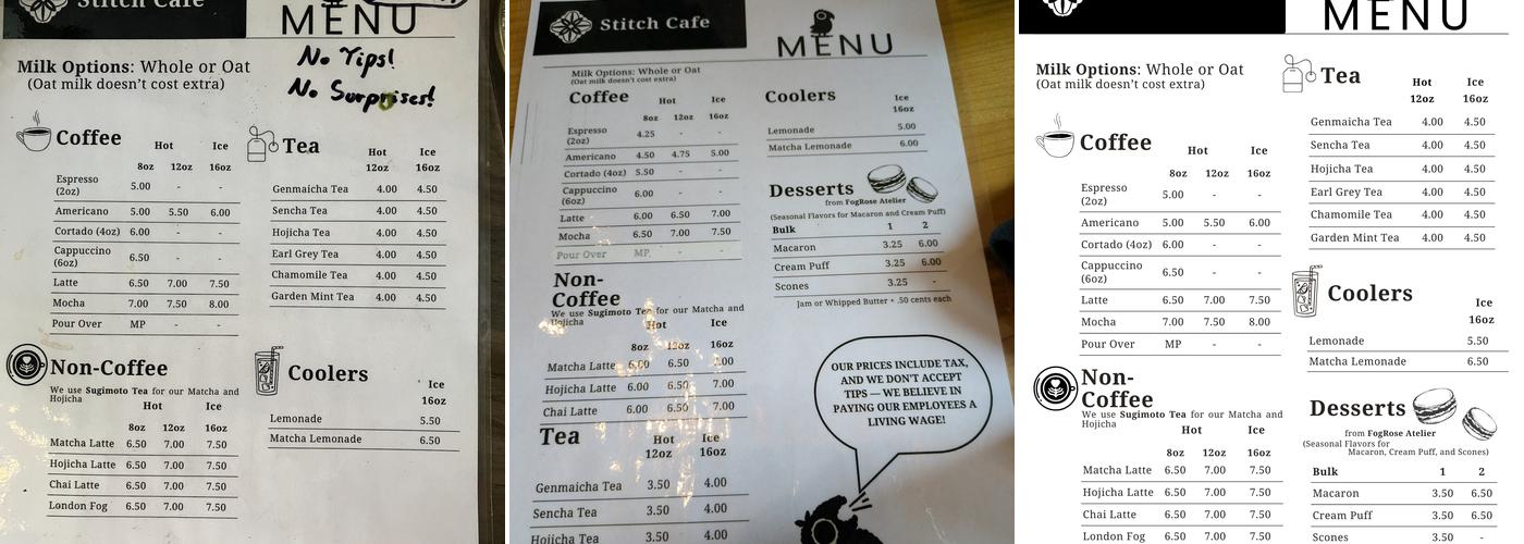 Stitch Cafe Menu