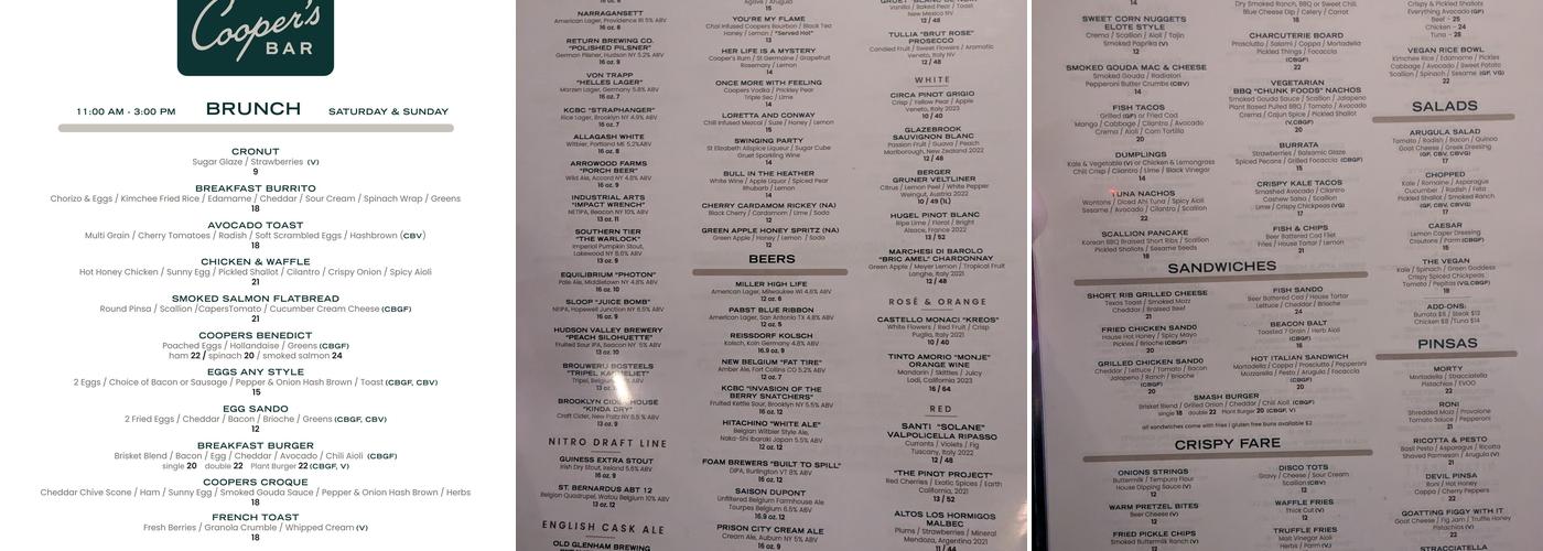 Cooper's Menu
