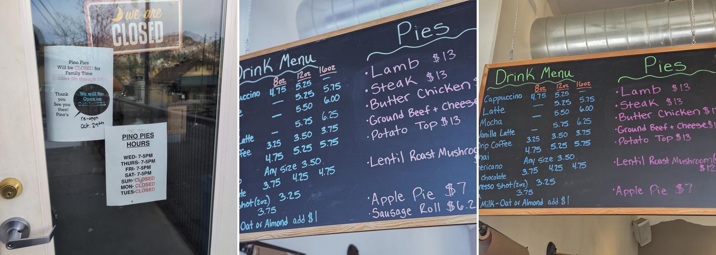 Pino Pies Menu