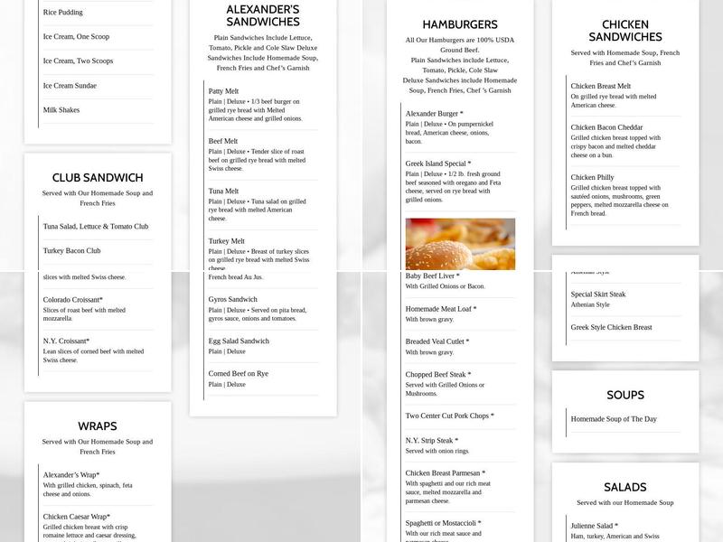 Alexander's Restaurant Menu