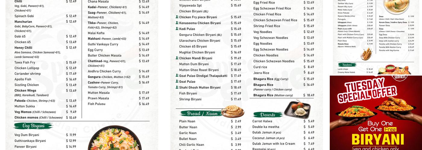 Spice Grove Indian cuisine Menu