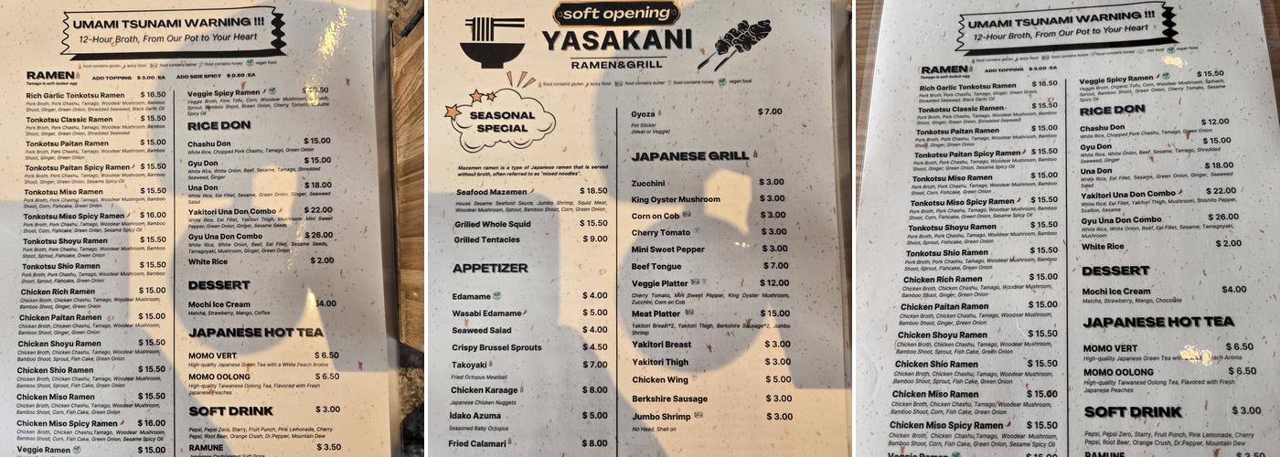 Yasakani Ramen & Grill Menu