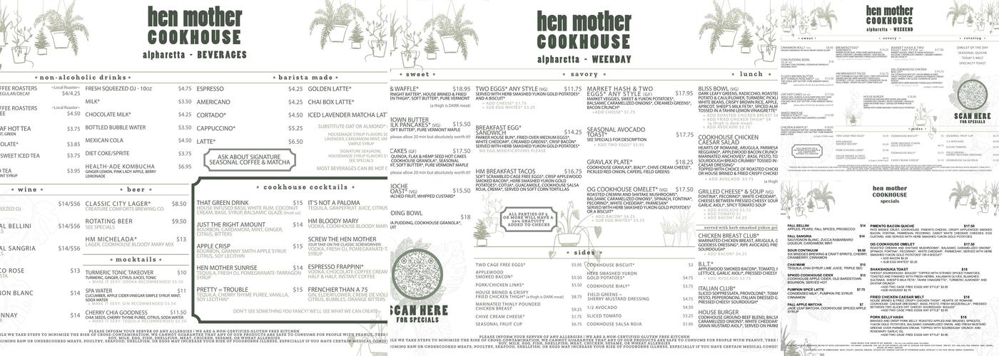 Hen Mother Cookhouse - Alpharetta Menu