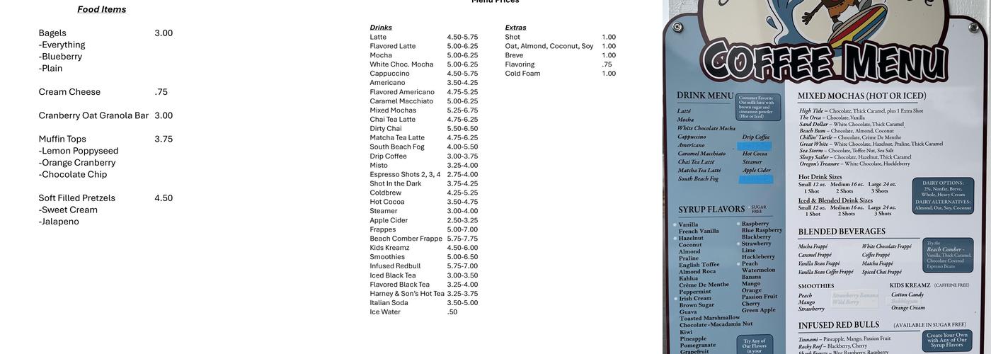 The Surfing Bean Coffee Company Menu