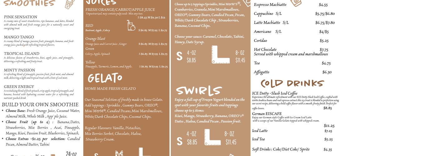 Dotty's Cafe: Gelato & Juice Menu