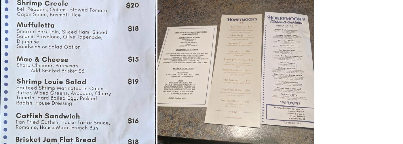 Honeymoon's Kitchen Menu