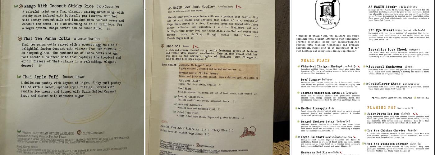 Thaiger Den - Refined Thai Cuisine Menu