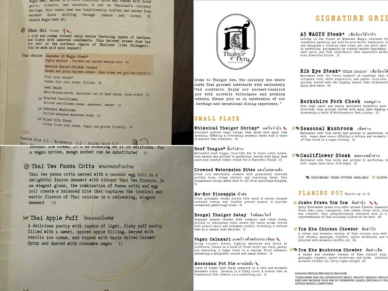 Thaiger Den - Refined Thai Cuisine Menu