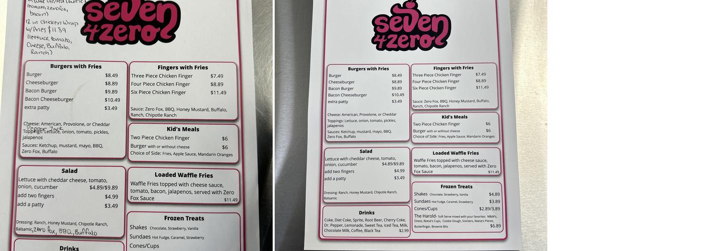 Seven 4 Zero Menu