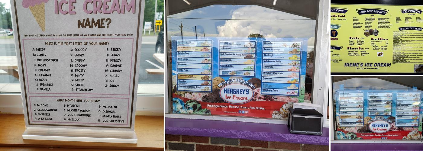 Irene's ice cream Menu