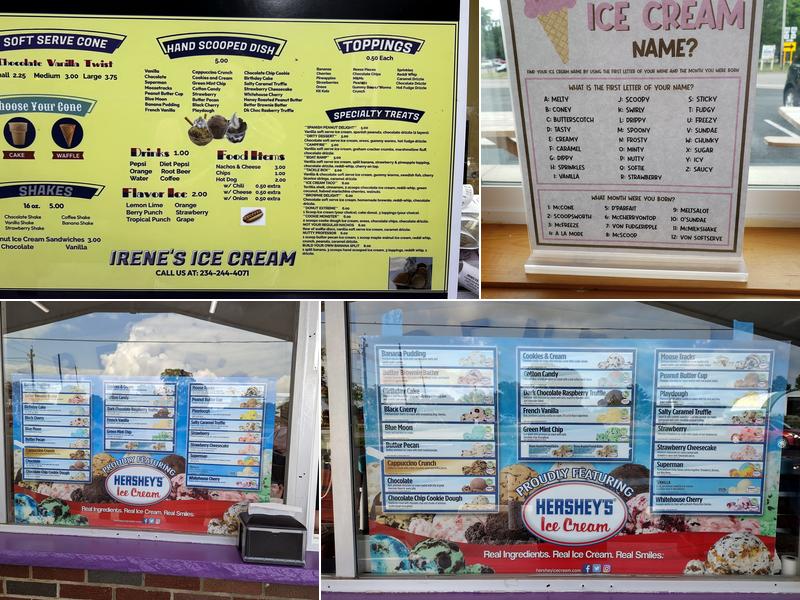Irene's ice cream Menu