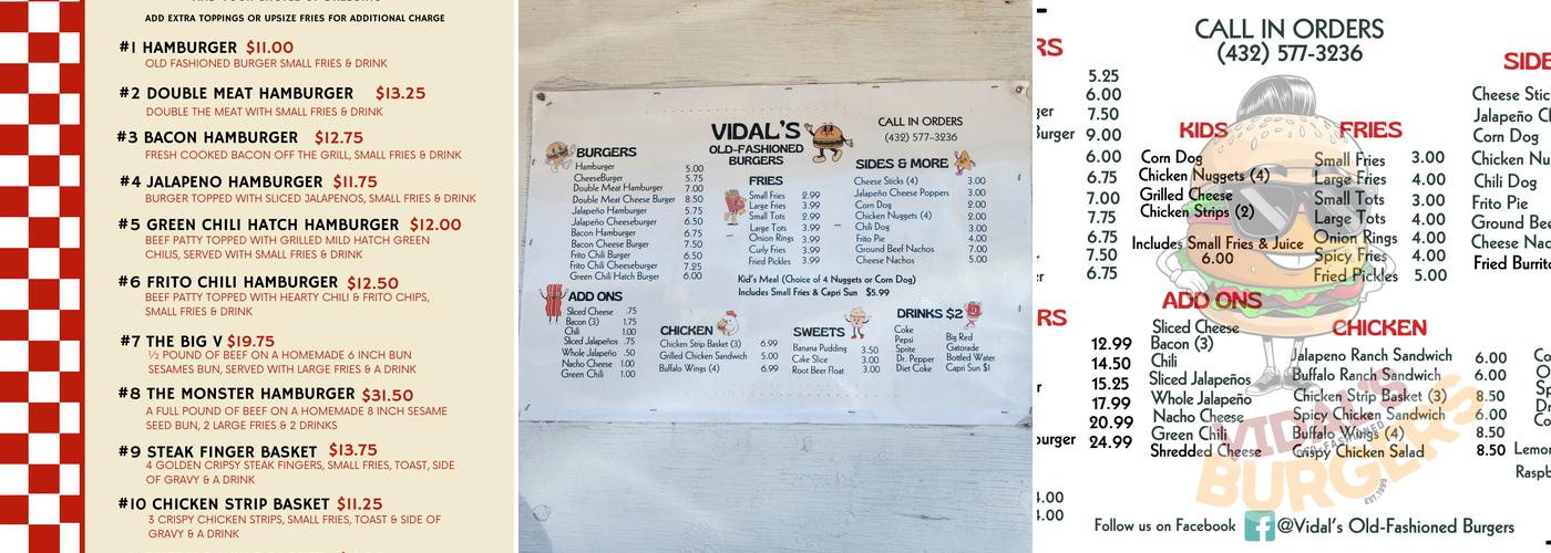 Vidal's Old-Fashioned Burgers Menu