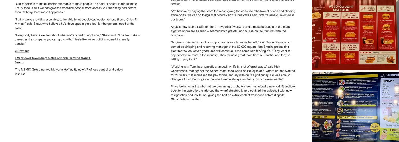 Angie's Lobster and Angie's Prime Grill Menu