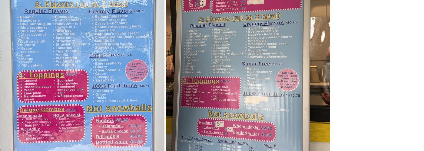 Casey's New Orleans Snowballs Menu