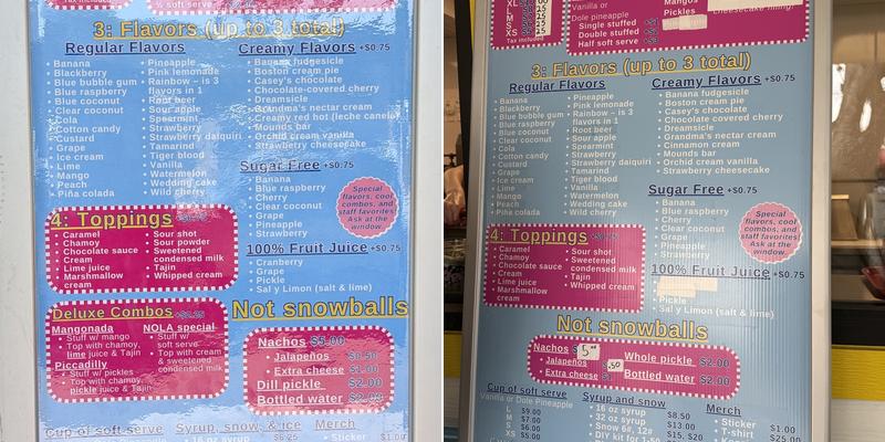 Casey's New Orleans Snowballs Menu