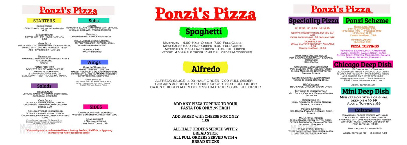 Ponzi’s Pizza Menu
