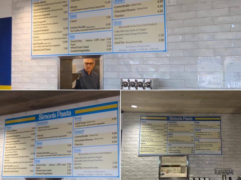 Simon’s Pasta Menu