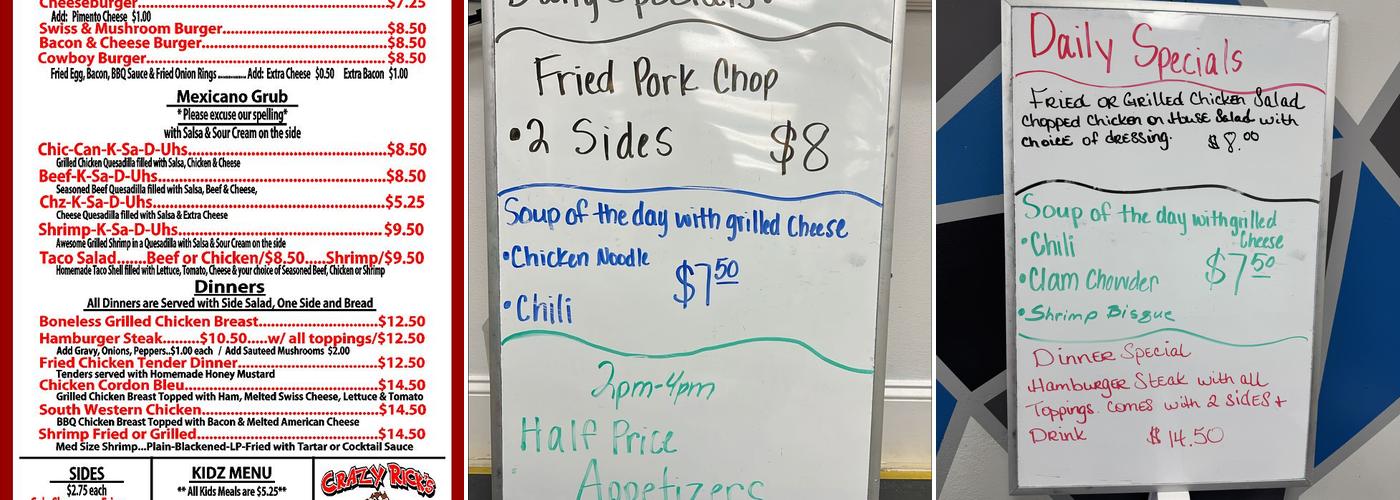 Crazy Rick's Cafe Menu