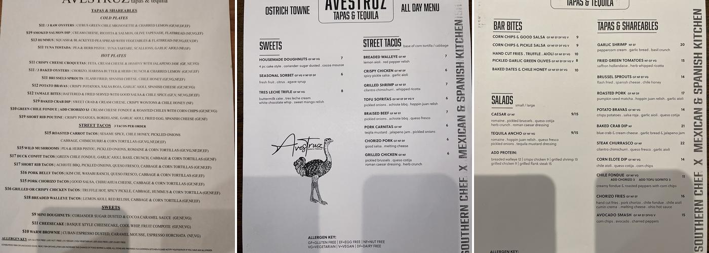 Avestruz Tapas and Tequila Menu